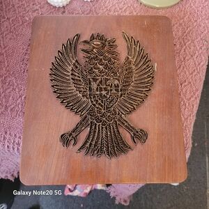Wooden Plaque with Intricate Eagle Design Albanian Coat Of Arms Emblem Vintage